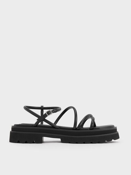 Tubular Strap Sandals, Black, hi-res