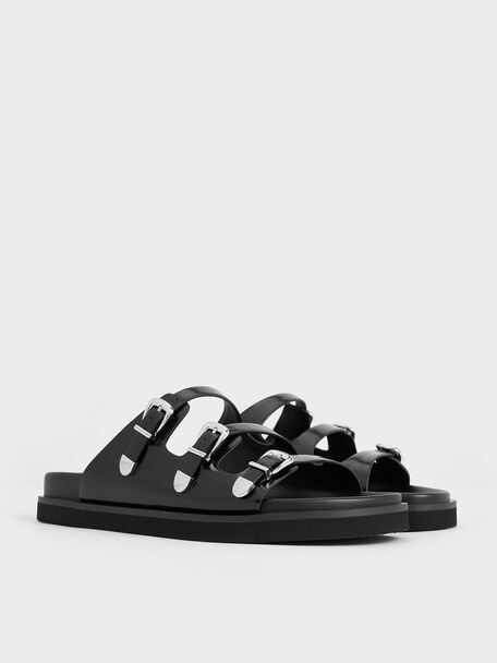 Buckled Triple-Strap Sandals, Black Box, hi-res