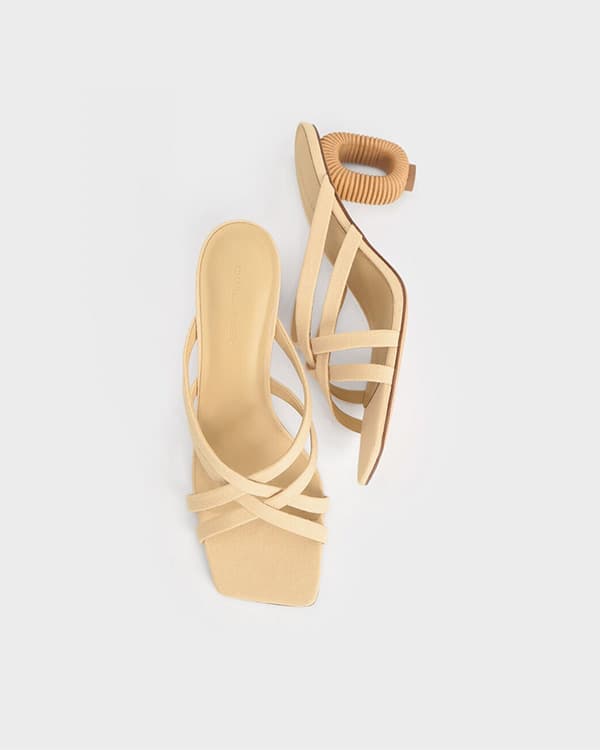 Women’s Beige Linen Sculptural-Heel Strappy Mules - CHARLES & KEITH