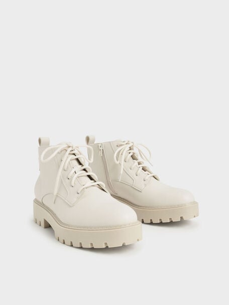 Lace-Up Chunky Ankle Boots, Chalk, hi-res