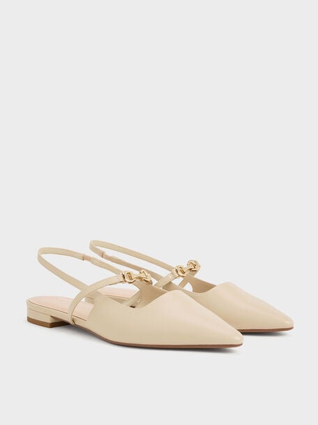 Metallic-Accent Pointed-Toe Slingback Flats, Taupe, hi-res