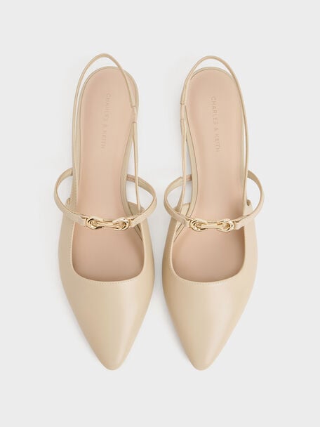 Metallic-Accent Pointed-Toe Slingback Flats, Taupe, hi-res