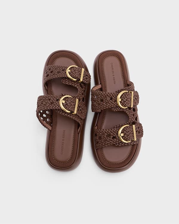Women’s Brown Woven Double-Strap Buckled Sandals - CHARLES & KEITH